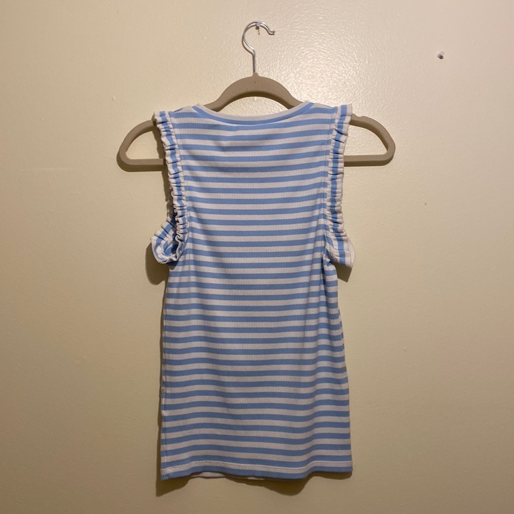 J.Crew ruffle tank white and blue striped . Size Xs. Style AW140 . - Picture 2 of 10